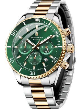 Men's Gold Silver Strap Green Face Chronograph Stainless Steel Waterproof  Watch